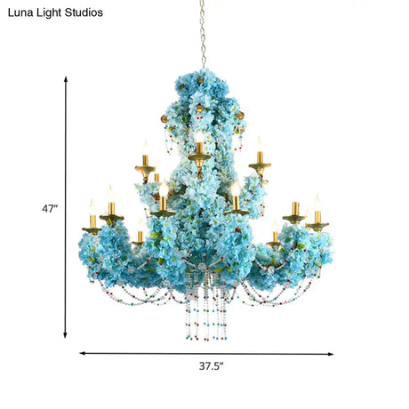 Vintage Blue Candelabra Led Chandelier Light With Crystal Accent - Metal 12 Lights Ideal For