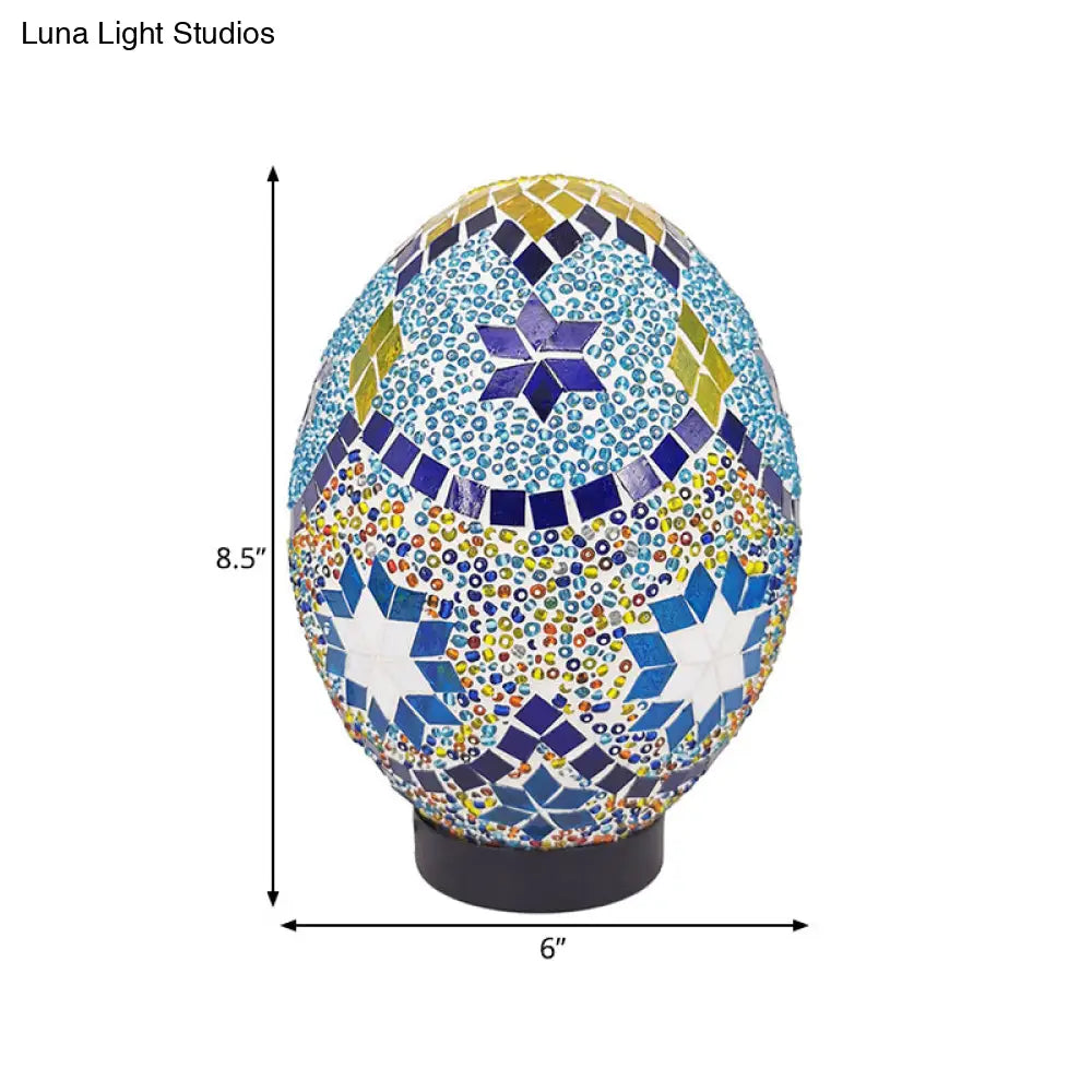 Vintage Blue Stained Glass Table Light For Bedroom Desk - 1-Light Elegant Oval Shade