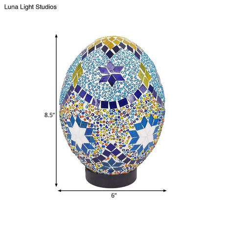 Vintage Blue Stained Glass Table Light For Bedroom Desk - 1-Light Elegant Oval Shade