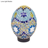 Vintage Blue Stained Glass Table Light For Bedroom Desk - 1-Light Elegant Oval Shade
