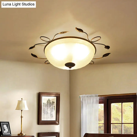 Vintage Bowl - Shaped White Glass Flush Light With Leaf Decoration - 3 - Light Mount Spotlight