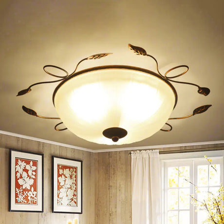 Vintage Bowl - Shaped White Glass Flush Light With Leaf Decoration - 3 - Light Mount Spotlight