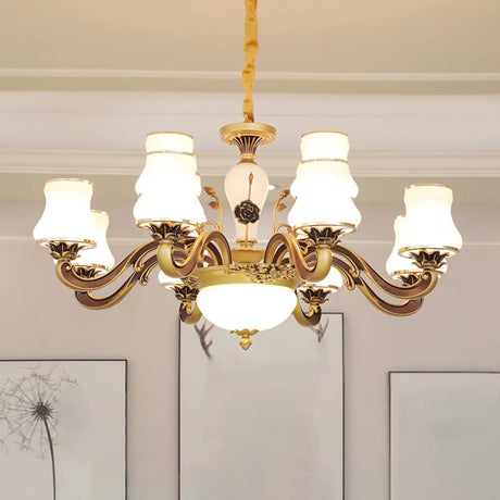 Vintage Brass Chandelier: White Glass Flared Design For Dining Room Lighting 12 /