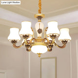 Vintage Brass Chandelier: White Glass Flared Design For Dining Room Lighting