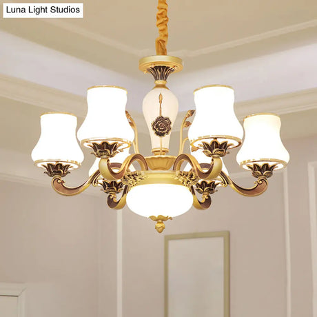 Vintage Brass Chandelier: White Glass Flared Design For Dining Room Lighting