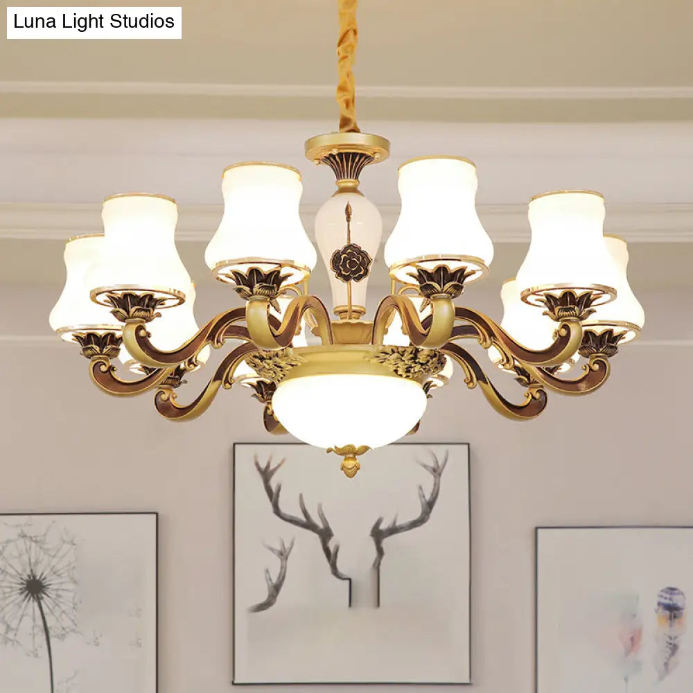 Vintage Brass Chandelier: White Glass Flared Design For Dining Room Lighting