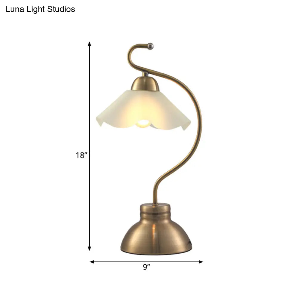 Vintage Brass Curvaceous Night Light Table Lamp With Ruffle Milk Glass Lampshade
