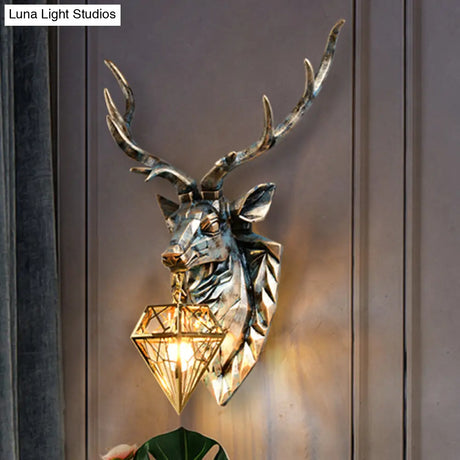 Vintage Brass Diamond Sconce Light With Resin Deer Decoration - Wall Lamp 16/18.5 Wide