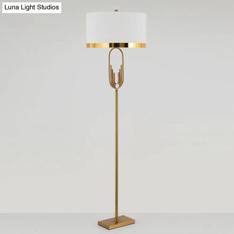 Vintage Brass Fabric Drum Floor Lamp - Single Bulb Standing Lighting For Living Room