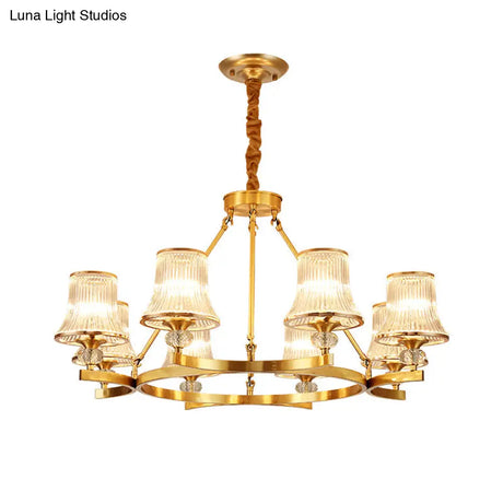 Vintage Brass Flared Chandelier With Clear Rib Glass - Living Room Pendant Light