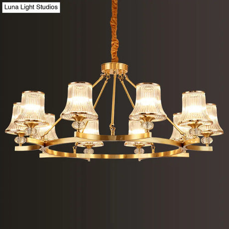 Vintage Brass Flared Chandelier With Clear Rib Glass - Living Room Pendant Light