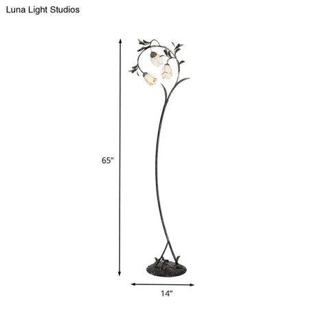 Vintage Brass Floor Lamp With Rustic Milky Glass Blossom Design - 3 Lights For Living Room
