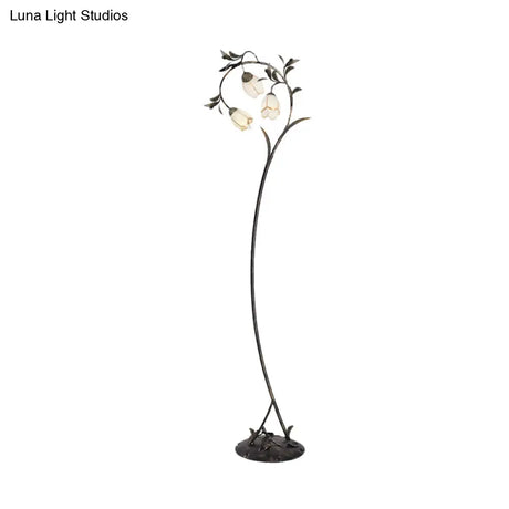 Vintage Brass Floor Lamp With Rustic Milky Glass Blossom Design - 3 Lights For Living Room