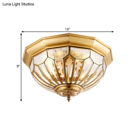 Vintage Brass Flush Mount Light With Faceted Clear Glass Dome