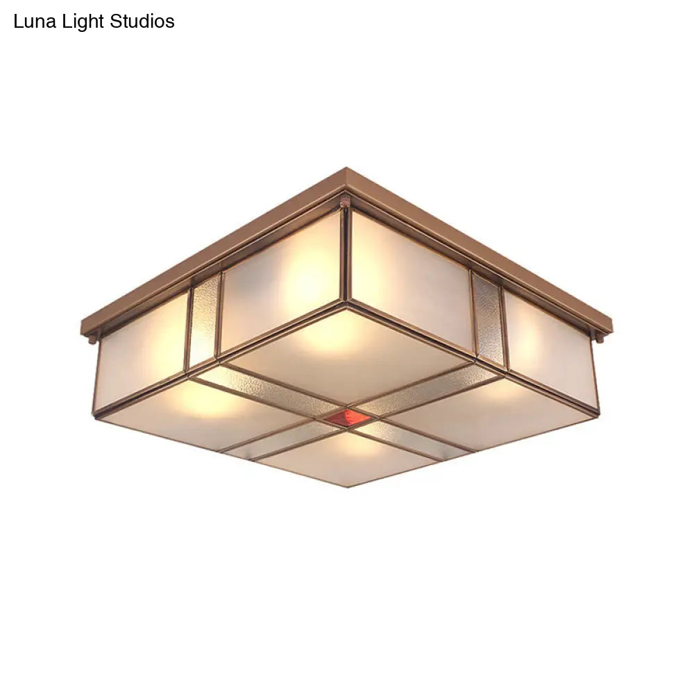 Vintage Brass Flush Mount Light With Frosted Glass Panel Shade - 2/4 Lights Ceiling Fixture For