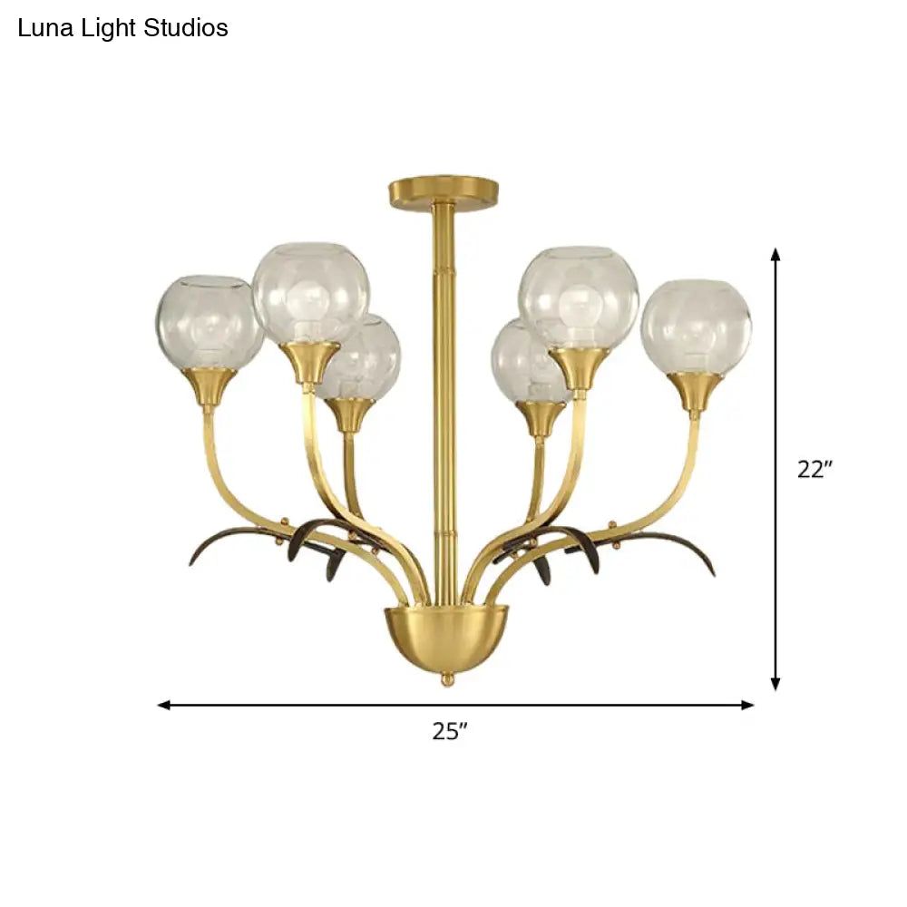 Vintage Brass Flushmount Chandelier With Clear Glass 3/6 Heads - Perfect For Sitting Rooms