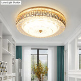 Vintage Brass Led Ceiling Light Fixture With Crystal Flush Mount Lamp And White Glass Shade -
