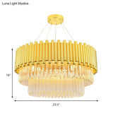 Vintage Brass Metal Chandelier With Crystal Block Round Shade Pendant Lamp - Multi-Light