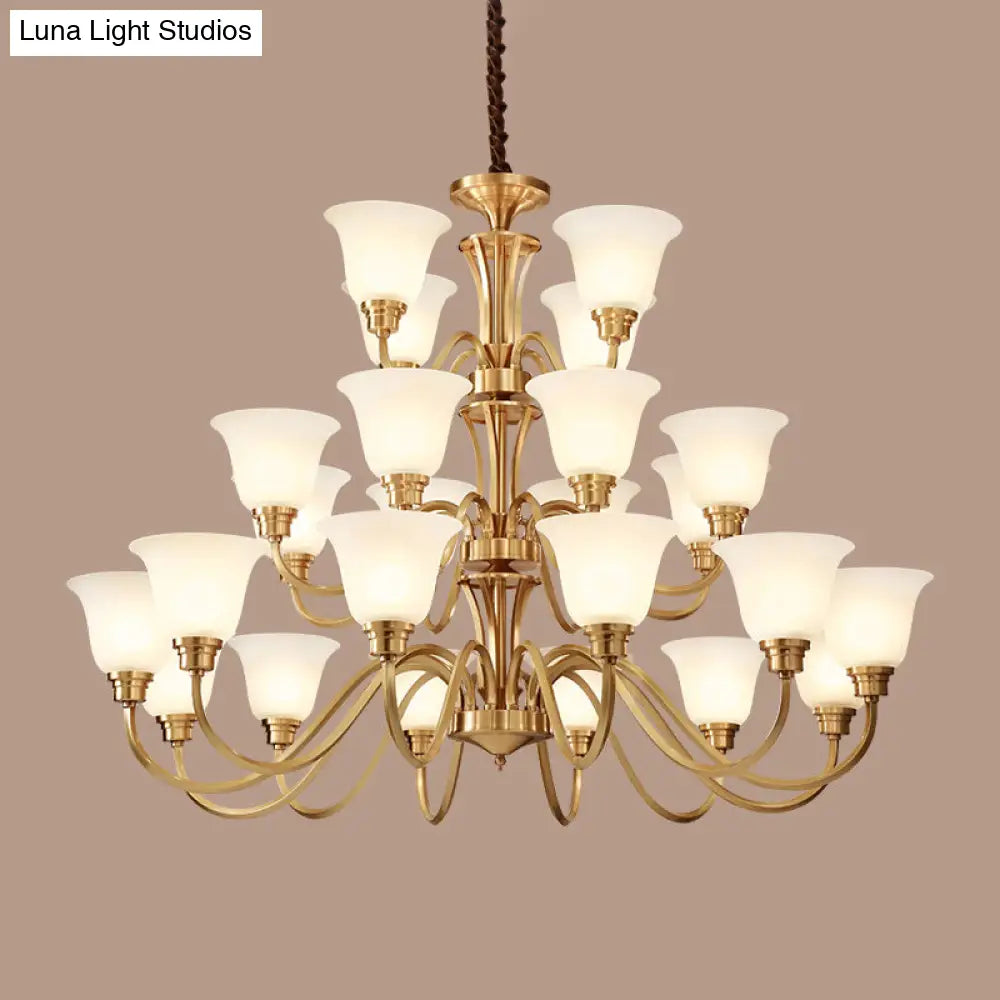 Vintage Brass Pendant Chandelier With Frosted Glass For Flared Stair Ceilings