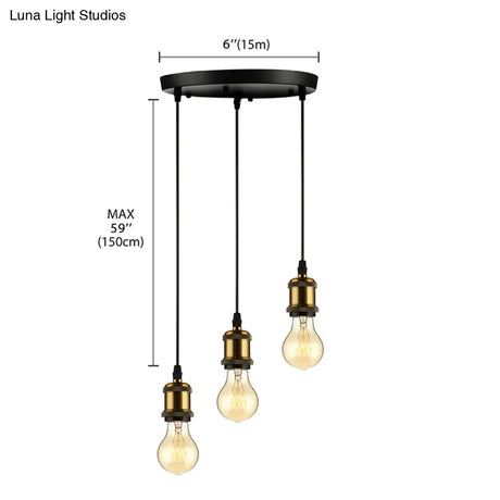Vintage Brass Pendant Light With Exposed Bulbs And Adjustable Cord - 3/5 Lights Round/Linear Canopy