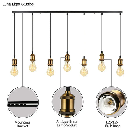 Vintage Brass Pendant Light With Exposed Bulbs And Adjustable Cord - 3/5 Lights Round/Linear Canopy