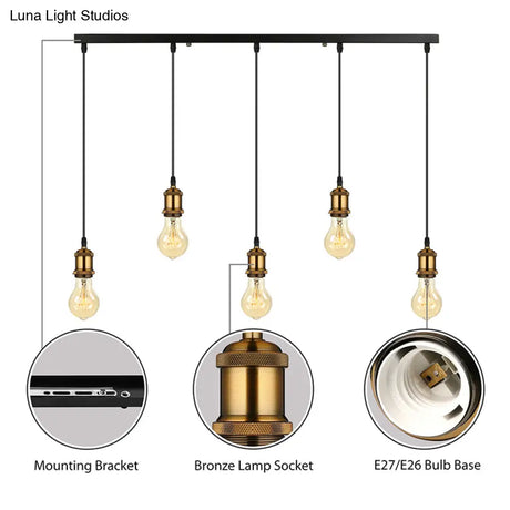 Vintage Brass Pendant Light With Exposed Bulbs And Adjustable Cord - 3/5 Lights Round/Linear Canopy