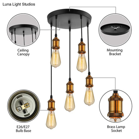 Vintage Brass Pendant Light With Exposed Bulbs And Adjustable Cord - 3/5 Lights Round/Linear Canopy