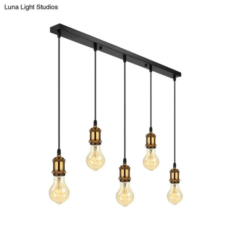 Vintage Brass Pendant Light With Exposed Bulbs And Adjustable Cord - 3/5 Lights Round/Linear Canopy