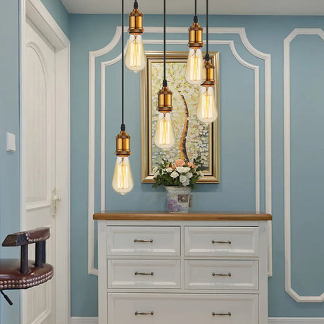 Vintage Brass Pendant Light With Exposed Bulbs And Adjustable Cord - 3/5 Lights Round/Linear Canopy