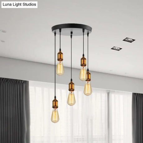Vintage Brass Pendant Light With Exposed Bulbs And Adjustable Cord - 3/5 Lights Round/Linear Canopy