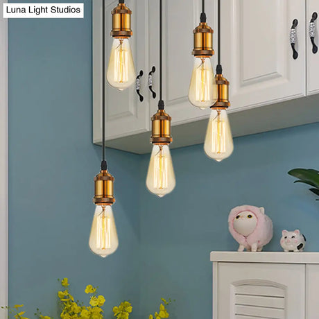 Vintage Brass Pendant Light With Exposed Bulbs And Adjustable Cord - 3/5 Lights Round/Linear Canopy