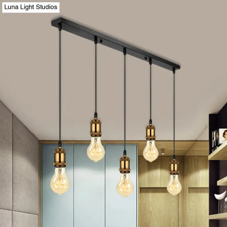 Vintage Brass Pendant Light With Exposed Bulbs And Adjustable Cord - 3/5 Lights Round/Linear Canopy