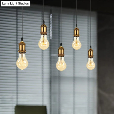 Vintage Brass Pendant Light With Exposed Bulbs And Adjustable Cord - 3/5 Lights Round/Linear Canopy