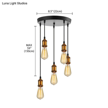 Vintage Brass Pendant Light With Exposed Bulbs And Adjustable Cord - 3/5 Lights Round/Linear Canopy