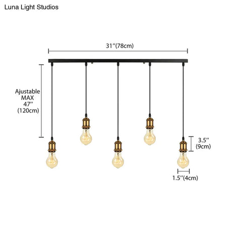 Vintage Brass Pendant Light With Exposed Bulbs And Adjustable Cord - 3/5 Lights Round/Linear Canopy