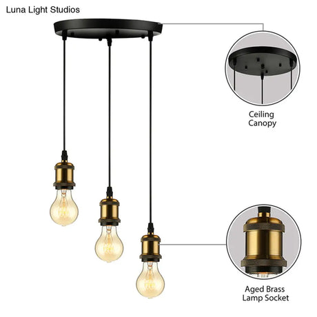 Vintage Brass Pendant Light With Exposed Bulbs And Adjustable Cord - 3/5 Lights Round/Linear Canopy