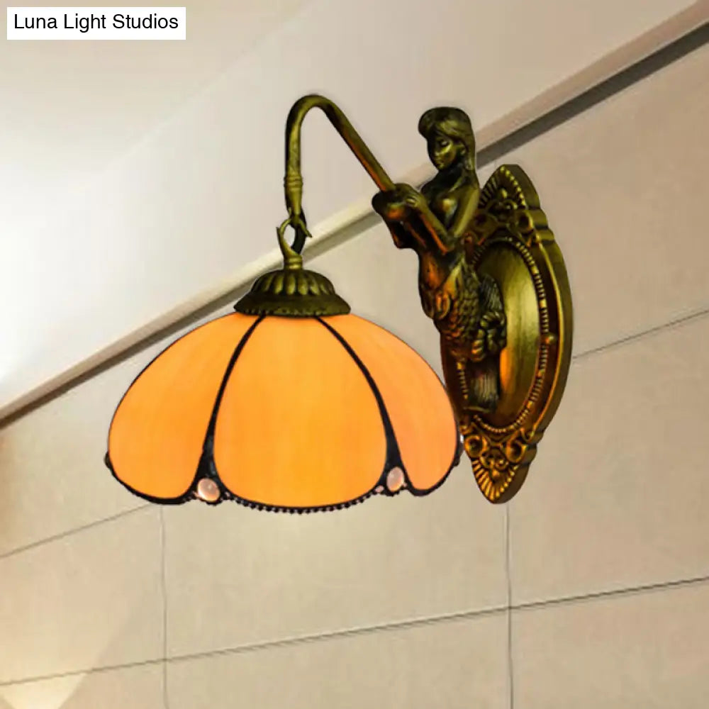 Vintage Brass Petal Wall Light Tiffany 1-Light Yellow Glass Sconce With Mermaid Decoration