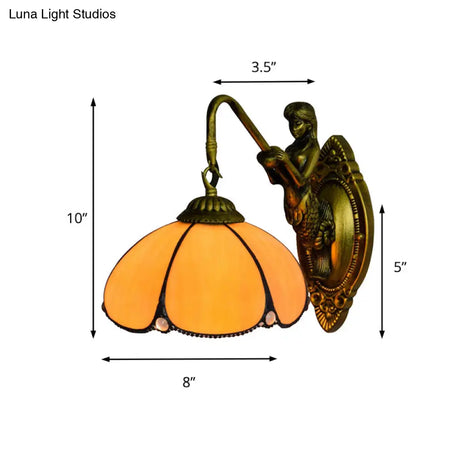Vintage Brass Petal Wall Light Tiffany 1-Light Yellow Glass Sconce With Mermaid Decoration