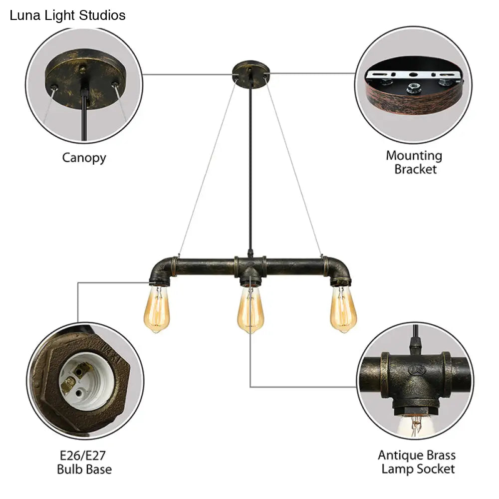 Vintage Brass Pipe Ceiling Light Fixture With Open Bulb - Iron 3 Lights Indoor Island Pendant