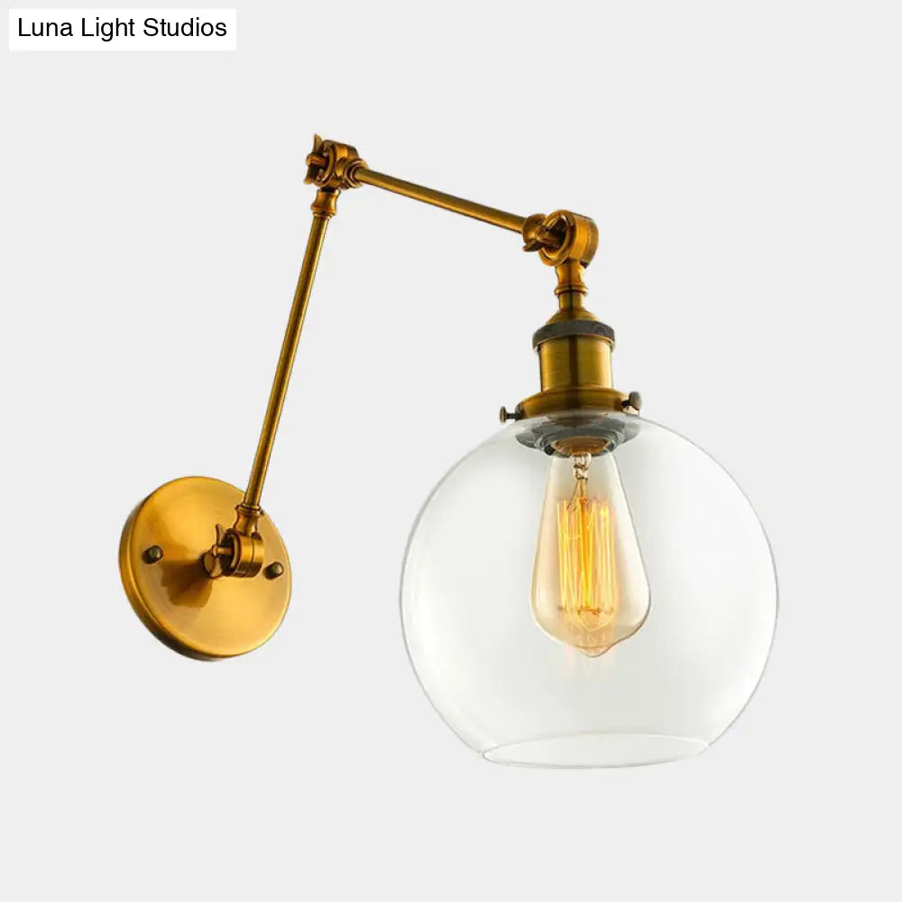 Vintage Brass Sconce: Clear Glass Spherical Lighting Fixture For Bedroom