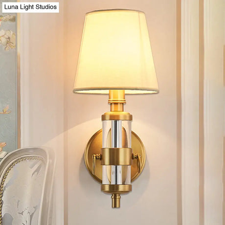 Vintage Brass Sconce Wall Lamp - Fabric Shade 1 Light Fixture For Bedroom
