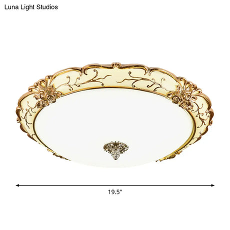 Vintage Brass Scroll Floral Trim Opal Glass Flushmount Led Ceiling Light For Bedroom -