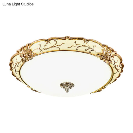 Vintage Brass Scroll Floral Trim Opal Glass Flushmount Led Ceiling Light For Bedroom -