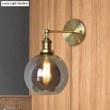 Vintage Brass Smoked Glass Wall Lamp Bubble Shade Sconce Light For Coffee Shop