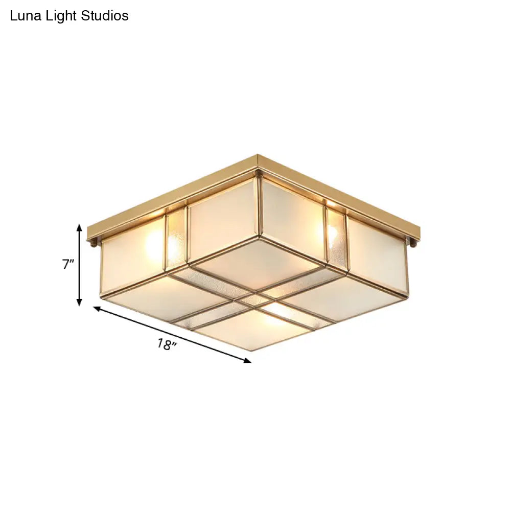 Vintage Brass Square Flush Mount Light With Frosted Glass Shades - Perfect For Bedrooms And Hallways