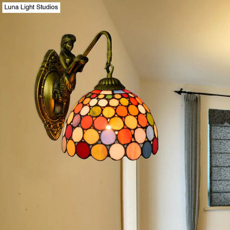 Vintage Brass Tiffany Stained Glass Wall Sconce With Multicolor Dome Light