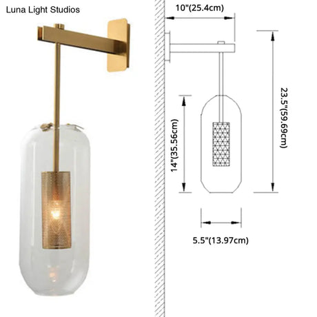 Vintage Brass Wall Lamp With Clear Glass Cylinder Shade - 1-Light Sconce For Corridor & Living Room