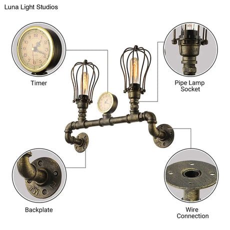 Vintage Brass Wall Lamp With Water Drop Cage Shade - 2 Bulb Living Room Fixture