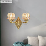 Vintage Brass Wall Sconce With Crystal Flower Shade For Elegant Living Room Lighting