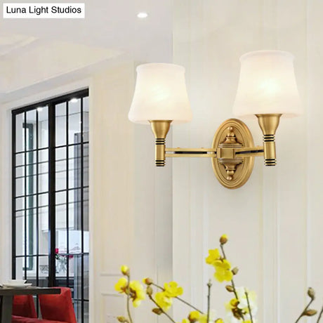 Vintage Brass Wall Sconce With Milk Glass Cone Shade For Bedroom